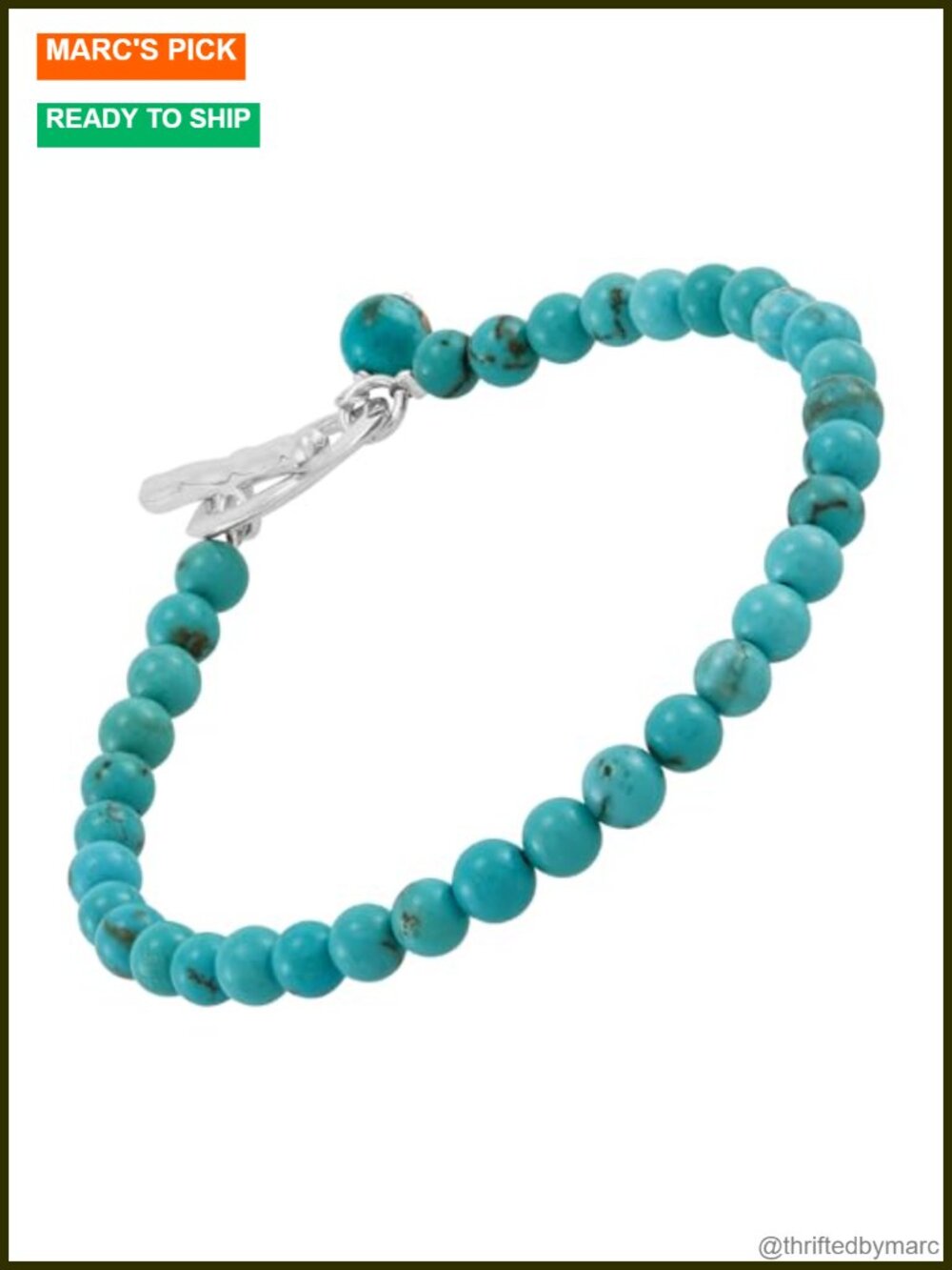 Sterling Silver Teal Turquoise Beaded Bracelet 7.25 Inch Toggle Clasp